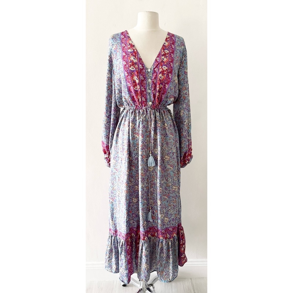 Zury Silk Blue Floral Print Long Sleeve Maxi Dress Free Size